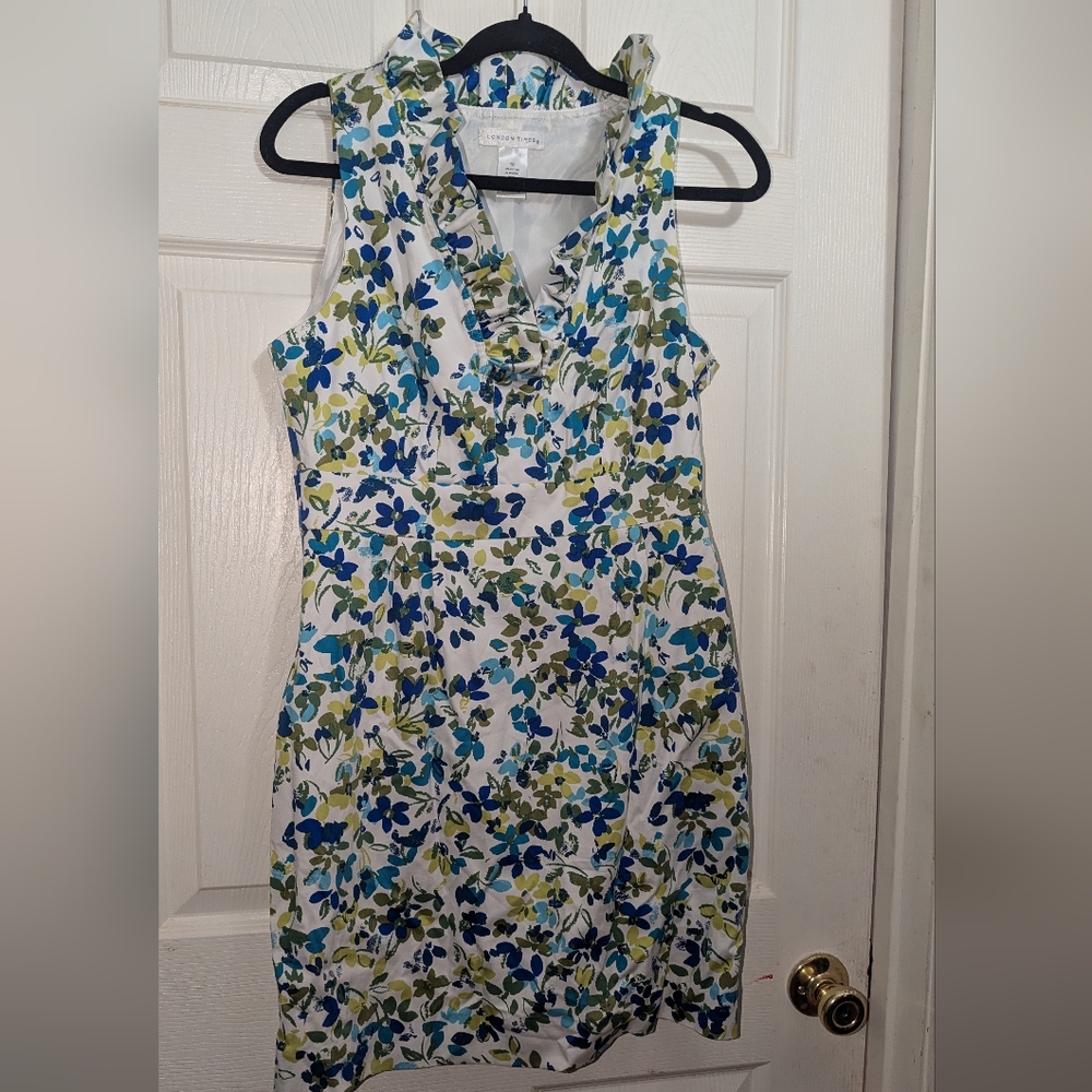 London Times Floral Flutter Sheath Dress | White Green Blue | Size 10